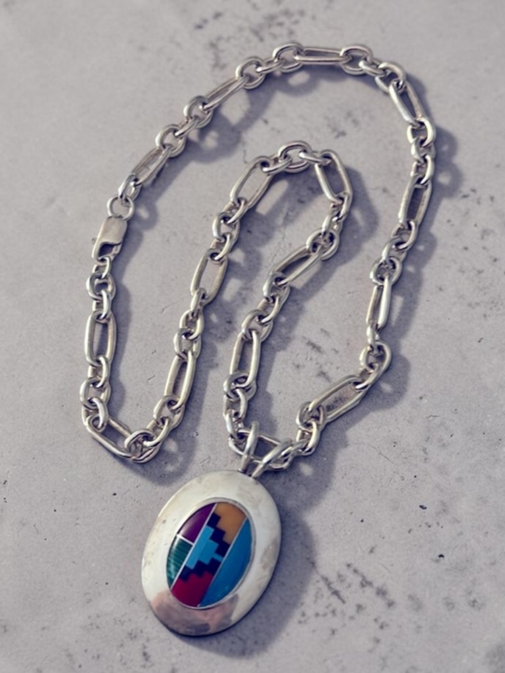 Vintage Navajo Artist Vidal Chavez Signed Large Pendant Heavy 925 Sterling Chain